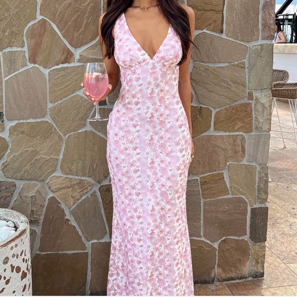 Beginning boutique pink lace maxi dress
